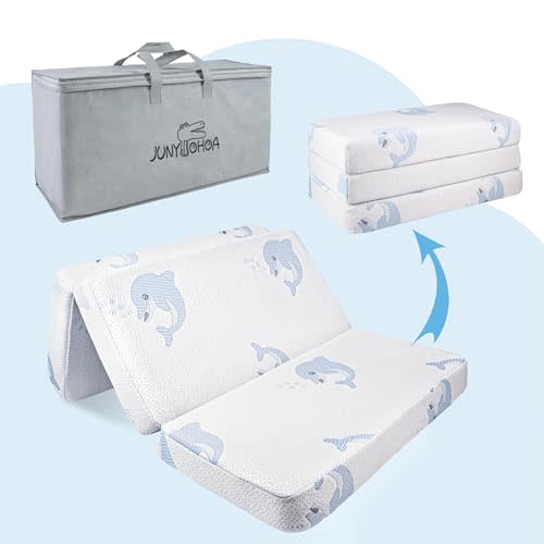 JUNYOHOA Trifold Pack and Play Mattress,38"x26" Pack N Play Mattress Topper with Dual Sided Soft & Firm Memory Foam,Portable Travel Baby Mattress for Pack Play with Carry Bag Removeable Cover