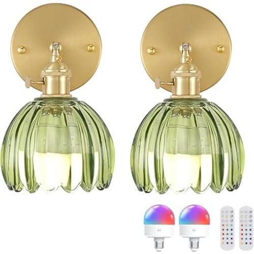 Shenmoyl Vintage Battery Operated Wall Sconce with Green Tulip Glass Lampshade 5000 mAh Rechargeable Battery Powered Wall Light with Remote Control for Bedside Bedroom Doorway, Set of 2