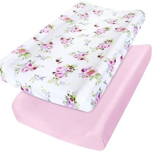 Changing Pad Cover for Girls 2 Pack, Lovely Print Soft Diaper Change Table Sheets, Fit 32"x16" Contoured Pad, Comfy Cozy 2-Pack Cradle Sheets,Floral