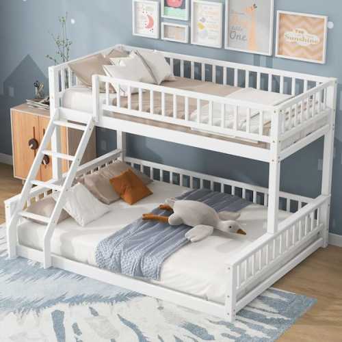 Detachable Style White Twin XL Over Queen Floor Bunk Bed with Ladder, Slats
