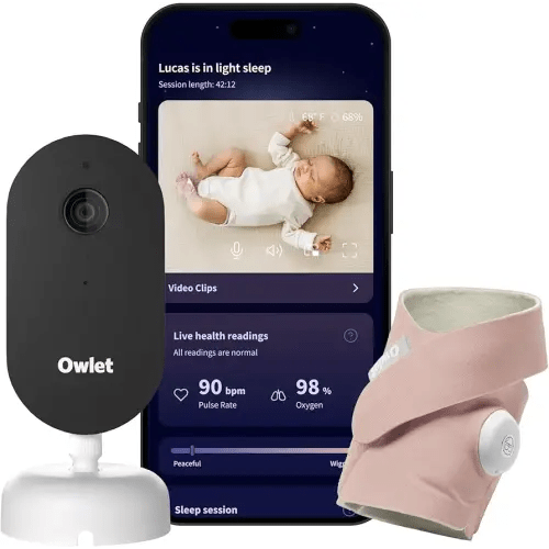Owlet Dream Duo (Gen 3) Smart Baby Monitor All-in-One Bundle - 2K HD Video Baby Monitor with Alerts & Owlet Dream Sock Tracks Baby’s Oxygen, Heart Rate & Sleep | Health Insights via App | Dusty Rose
