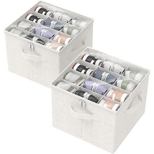 Cube Shoe Organizer, 2 Pack Foldable Space-saving Storage Container Bins with Clear Cover and Reinforced Handles, Fits 12-24 Pairs, 17 x 17 x 13 In, White & Ivory, XSNX01WM-2