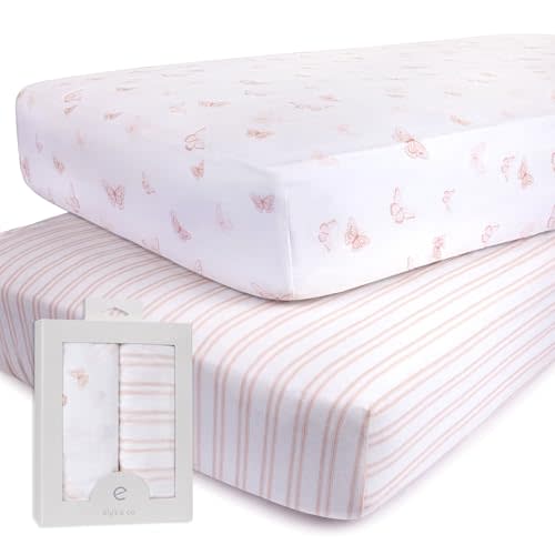 Ely’s & Co. Crib Sheets, Baby Girl Fitted Crib Mattress Sheet Set, 2 Pack, 100% Jersey Knit Cotton, Infant and Toddler Nursery Bedding, Pink Butterfly + Stripe Print, 28” x 52”