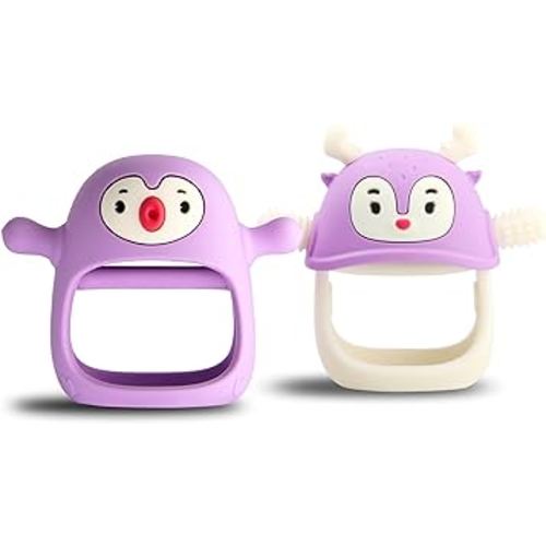 Smily Mia Baby Teething Toys for 0-6Months, Baby Teether for 6-12Months, Never Drop Penguin and Reindeer Baby Teething Mitten Set, Hand Pacifer+Hand Teether in One,BabyShower Gift Box, Light Purple