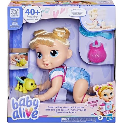 Baby Alive Crawl 'n Play Harper Hugs Electronic Crawling Baby Doll Set, Blonde Hair, Kids Toys for Girls & Boys 3 Years & Up, 10.75 Inches