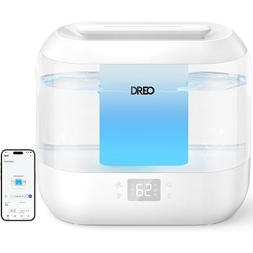 Dreo Smart Humidifier, Cool Mist Humidifiers for Bedroom, Quiet 4L Top Fill Ultrasonic Humidifiers for Home Office Plant & Baby with Nightlight, LED Display, 32H Runtime, APP/Voice Control, HM311S
