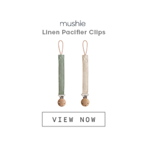 mushie Linen Baby Pacifier Clip Holder | Soft Fabric Strap, 2-Pack (Olive/Shifting Sand)