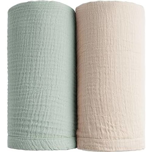 Konssy Muslin Swaddle Blankets (Green, Cream)