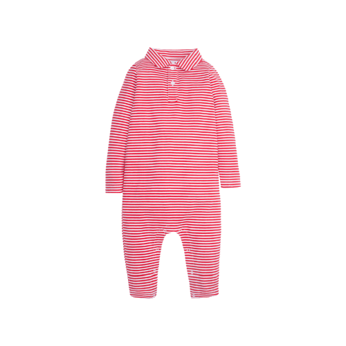Long Sleeve Striped Polo Romper Red