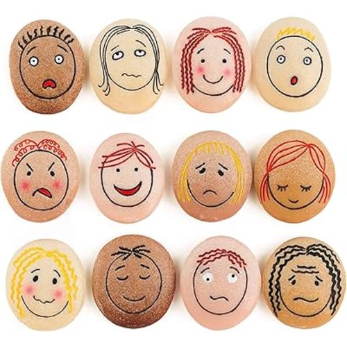 Yellow Door YD-21 Emotion Stones with Faces Showing Common Emotions, Set of 12, Kindergarten Grade to 3 Grade, 5" H, 3" L, 3" W