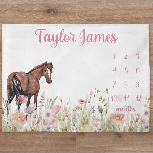 Pink Wildflower Horse Milestone Blanket Personalized Baby Girl Month Blanket Farm Nursery Custom Newborn Gift New Mom Baby Shower Gift