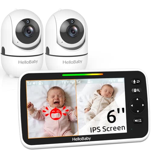 HelloBaby Baby Monitor with 2 Cameras, 6" World First Split Screen, No WiFi, 30H Battery, 355° Pan-Tilt-Zoom, Night Vision, VOX, 8 Lullabies, Temperature Alert, 1000ft Range, Portable for Travel