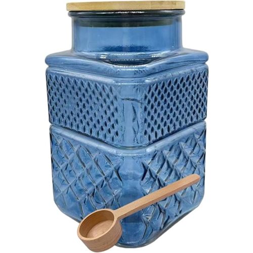 Coriario 60oz Vintage Glass Jar with Airtight Lid and Wood Spoon Blue Square Glass Storage Canisters Jars for Food Candy Flour Sugar Cookie Coffee Tea Decorative Vase