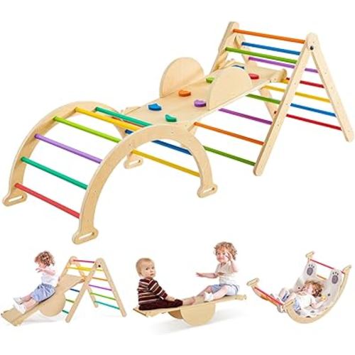 7-in-1 Rainbow Pikler Triangle Set, Montessori Foldable Large Size Baby Climbing Toys Indoor Gym for Toddlers 1-3 Wooden Climbing Set, Adjustable Height Pikler Triangle, Kids Toys with Ramp Sliding