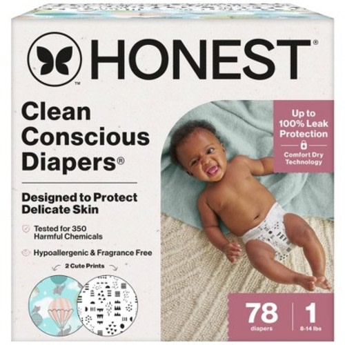 The Honest Company Clean Conscious Disposable Diapers - Giraffes & Dots + Dashes - Size 1 - 78ct
