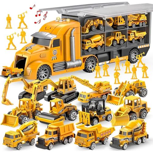JOYIN 25-in-1 Construction Truck Toy Set with 12 Vehicles & 12 Worker Figures, Push and Go Toy Trucks with Sound and Light, Construction Toys Birthday Gifts for Kids 3 4 5 6 7 Years Old