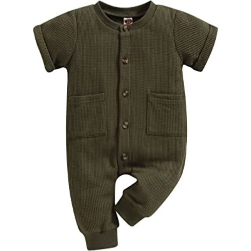Ynibbim Winter Newborn Baby Boy Girl Solid Romper Unisex Infants Hooded Outfit Clothes Waffle Cotton Button Jumpsuits