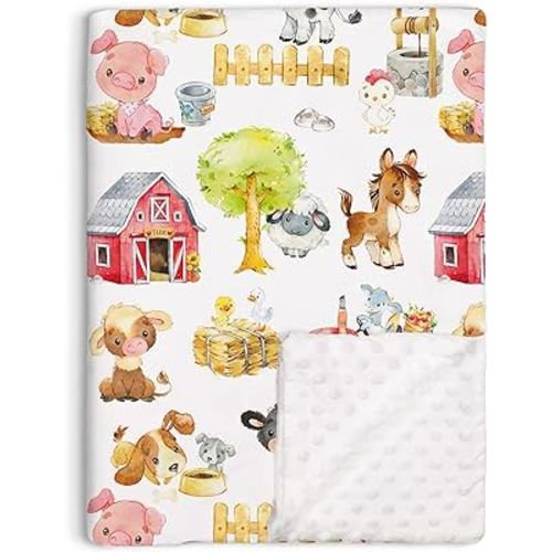 Loyoot Farm Animals Barn Baby Blanket for Boys Girls, Farm Themed Toddler Soft Minky Blanket with Double Layer Dotted Backing, Newborn Nursery Receiving Baby Crib Horse Cow Pig Chicken Dog, 30"x40"
