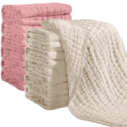 Looxii Muslin Burp Cloths 100% Cotton Muslin Cloths 12 Pack Large 20''x10'' Extra Soft and Absorbent Baby Burping Cloth for Boys and Girls (Apricot+Bean Red)
