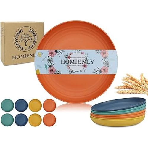 Homienly Wheat Straw Dinner Plates Set of 8 - Alternative to Plastic, Microwave & Dishwasher Safe, Unbreakable Kids Plates with 4 Colors (Colorful, 8 inch)
