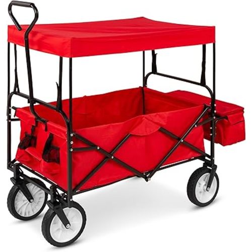 Best Choice Products Collapsible Folding Outdoor Utility Wagon with Canopy Garden Cart for Beach, Picnic, Camping, Tailgates w/Removable Canopy, Detachable Pockets, 150lb Weight Capacity - Red