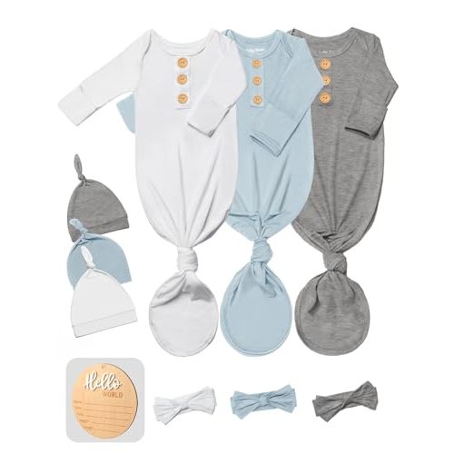 3 PK Baby Knotted Gowns Set with Mittens, Hats, Headbands & Wooden Name Tag for Breathable Newborns Going Home Outfit