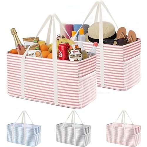 Lifewit Extra Large Tote Bag, Reusable Grocery Bags with Metal Wire Frame and Handles, Standing Utility Foldable Shopping Bags for Storage, Picnics, Beach, Pool, Laundry, Car, Camping, 2 Packs, Pink