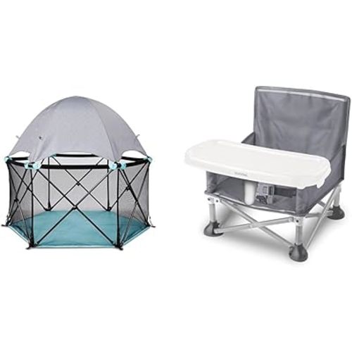 Summer Infant Pop ‘N Play Deluxe Ultimate Playard Aqua Splash Portable Play Pen and Pop 'N Sit Portable Booster Chair Floor Seat Grey