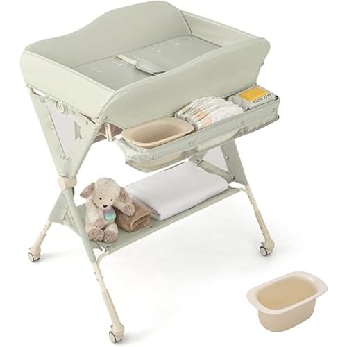 BABY JOY Portable Baby Changing Table, Foldable Diaper Changing Station w/Wheels, Adjustable Height, Large Storage Rack, Water Basin, Safety Belt, Mobile Nursery Organizer for Newborn Infant (Green)