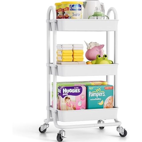 TOOLF Utility Cart, 3 Tier Rolling Storage Cart with Lockable Wheels, Multi-Purpose Storage Trolley with Handles and Leaf-Shaped Hollow Design – Ideal Organizer for Home, Office (Pearl White)