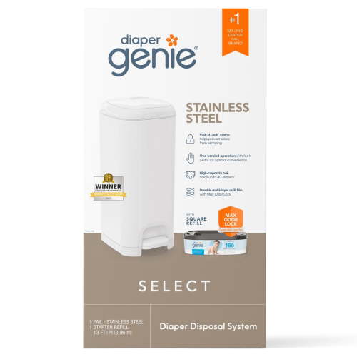 Diaper Genie Select Pail,White,Stainless Steel, 1 Diaper Pail,1 Square Refill-165 Ct, Infant