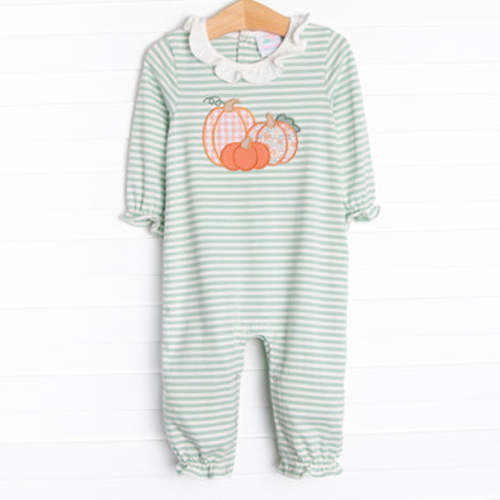 Patterned Pumpkins Applique Ruffle Romper, Green – Stitchy Fish