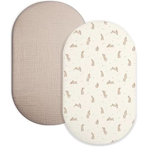 Bassinet Sheet for Baby Boy and Girl 2 Pack, Fitted Sheets for Rectangle, Oval, Hourglass Bassinet Mattress, Muslin Moses Basket Sheets with Neutral Style(Hopping Bunnies & Beige)