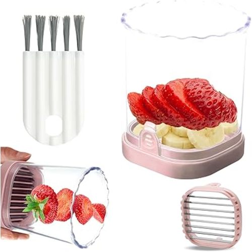 Strawberry Slicer Cup:Fruit Cutter Slicer Cup for Strawberry, Egg, Banana, Mushroom, Cucumber, Kiwi and Veggie Salad the Kitchen Gadget Tool (Pink)