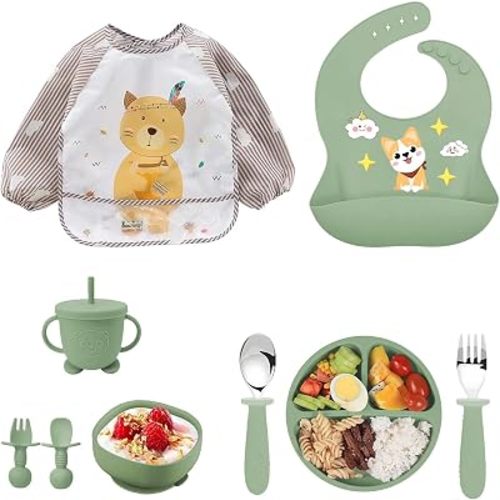 9PCS Silicone Feeding Set for Baby Led Weaning - Non Toxic Food Grade Suction Plates & Bowls, Soft Silicone Bibs with Pocket, Self Feeding Spoons & Utensils for 6-36 Months Infants Toddlers, Dishwashe