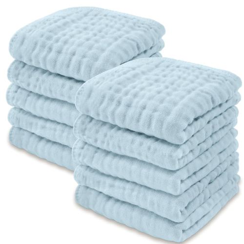 Comfy Cubs Muslin Baby Washcloths 10 Pack - Soft 6-Layer Cotton Wash Cloths for Sensitive Skin - 10"x10" Large, Gentle, Absorbent Infant Essentials for Newborn and Toddlers - Sky Blue