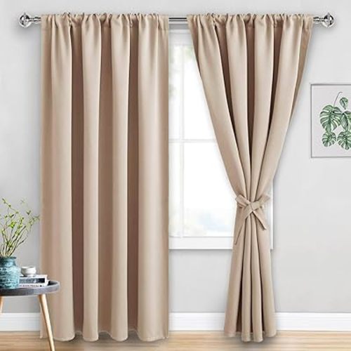 JIUZHEN Blackout Curtains for Bedroom - 60 Inch Wide Thermal Insulated Room Darkening Privacy Soundproof Curtains for Living Room, Set of 2 Panels with Tiebacks, 60 x 84 inches, Beige