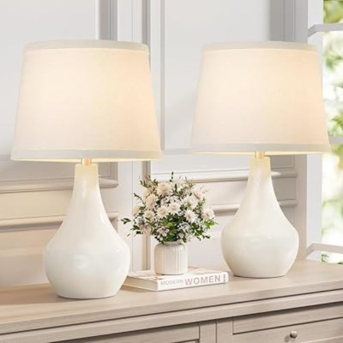 Seealle Modern Ceramic Table Lamps for Night Stands - Bedside Lamps Set of 2 for Nightstand, 19.4" White Bedroom Lamp for Living Room Cute Desk End Table Office Guest Room Dresser Rocker Swtich
