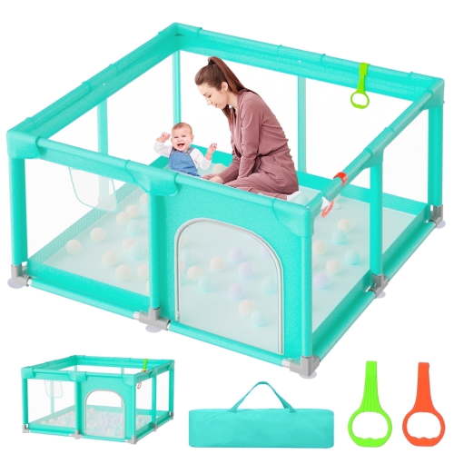 JoyStone Baby Playpen, 50 x 50 in, Non-Slip Base, Soft Mesh Sides, 2 Pull-up Rings, Carry Bag, Green