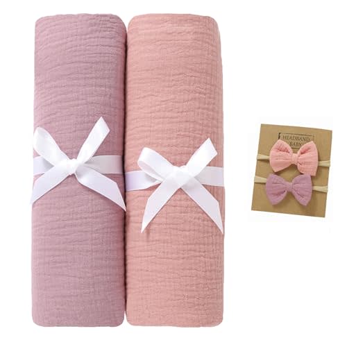 okdiy 2 Pack Muslin Swaddle Blankets with Headband Set 47x47 in,Large Size 100% Organic Cotton Muslin Baby Blanket for Newborn,Nursery Baby Receiving Blankets for Boys and Girls (Violet+Pink)