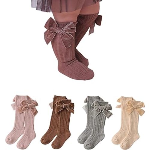 Kayotuas Baby Girls Knee High Socks with Bows Long Tube Ruffled Uniform Stockings Infant Toddler Ribbed Knit Socks