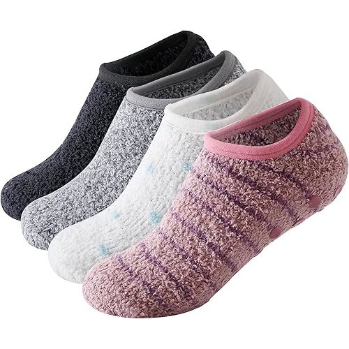 SKOLA 4/6 Pairs Cozy Winter Fuzzy Women Socks Grip Slippers Fluffy House Non Skid Microfiber Socks