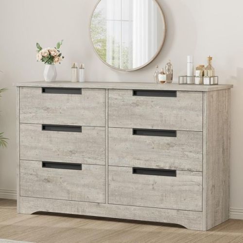 6-Drawer Double Dresser for Bedroom, Modern Gray Chest with Recessed Handles, Wooden Storage Organizer for Living Room, Nursery, Hallway, or Entryway
