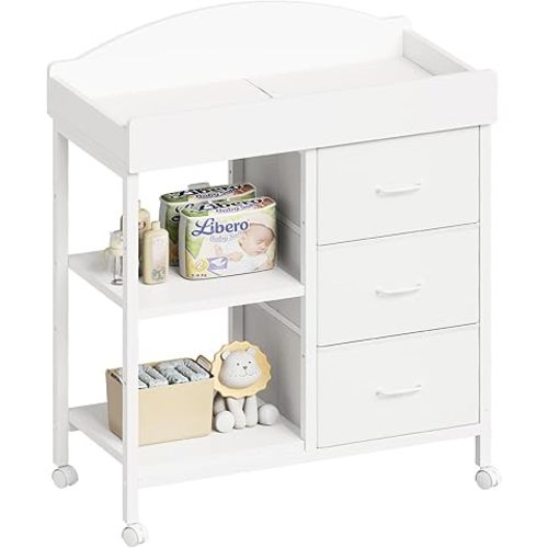 Changing Table Dresser, Baby Dresser with 3 Drawers and 2 Shelves, Multi-Functional Baby Changing Table with Pad, Classic Nursery Dresser, Diaper Changing Station for Children's Room, White