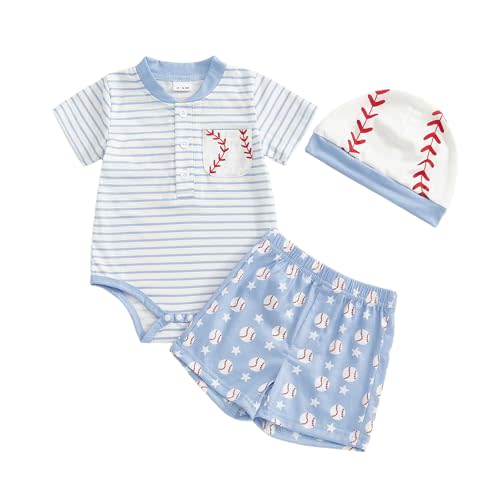Summffie Baby Boy Baseball Outfit Newborn Short Sleeve Striped Romper Baseball Print Shorts Hat Set 3Pcs Summer Clothes