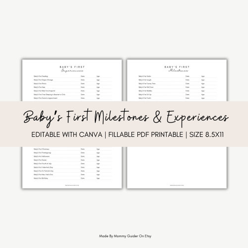 Baby's First Milestones & Experiences Tracker/Chart - Editable and Fillable PDF Printable