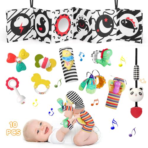 VoMii Baby Rattles 0-3-6 Months+ Teething Rattles Set Wrist Socks, Black and White High Contrast Baby Toys for Newborn, Montessori Toys Sensory Infant Tummy Time Toys, 6-12 Months Baby Boy Girl