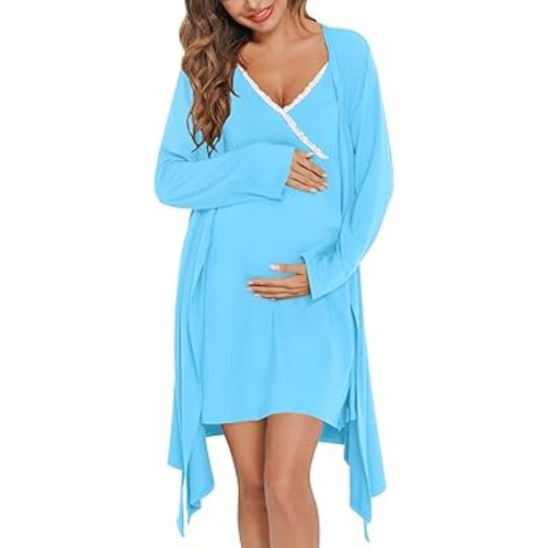 SWOMOG Womens Maternity Robe 2 Piece Nursing Nightgown for Breastfeeding 3 in 1 Labor Delivery Nursing Dress Lace Bathrobe