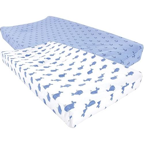 Hudson Baby Unisex Baby Cotton Changing Pad Cover, Blue Whale, One Size