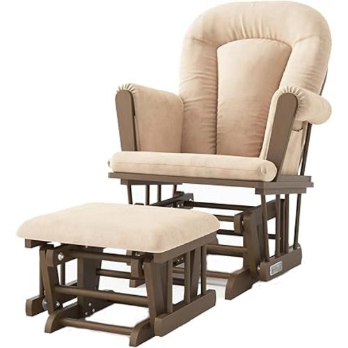 Child Craft Cozy Glider Rocker and Ottoman Set, Padded Cushion with Convenient Storage Pockets, Solid Wood Base & Frame (Cocoa Bean with Tan Cushion)